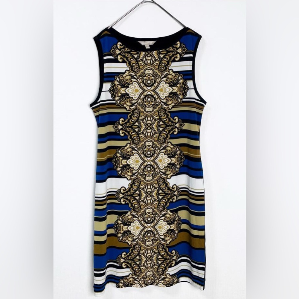 NEW Banana Republic Sleeveless Shift Dress Gold Floral Black/Blue Stripe Medium